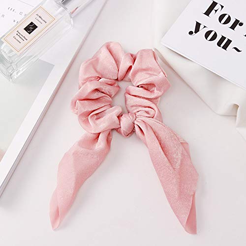 Bow Scrunchies For Long Hair - 8 Pcs Chiffon Satin Scrunchies Silk With Bow Scarf, Solid Stripe Flower Color Bow Scrunchies, Ponytail Holder With Tail, Rabbit Bunny Ear Bowknot Hair Accessories (A2) - Thumbnail 3