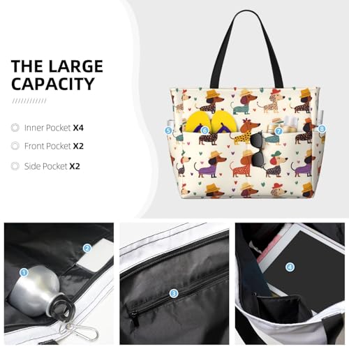 Large Beach Bags for Women Sandproof - Colorful Cute Dachshund Print Summer Work Travel Tote Bags with Zipper3
