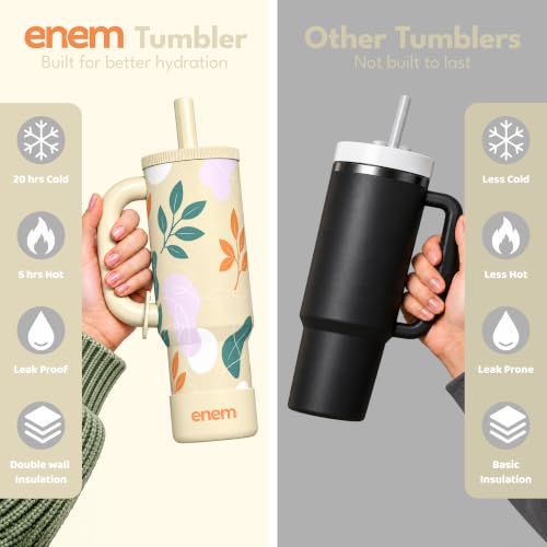 Image of enem Desert Leaf Plugged Straw Tumbler with Handle, Stainless Steel Large Travel Mug Water Cup, Mug Travel with 1 Metal Ice Cube, 1 Copper Spring (Tamba) & Base Protector, 1.2L