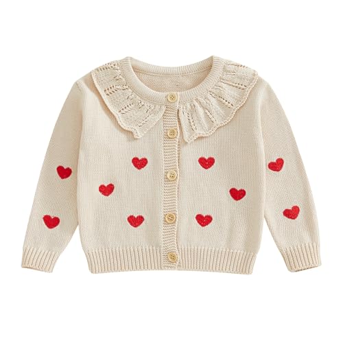 Toddler Baby Girl Sweater Cardigan Heart Embroidery Doll Collar Long Sleeve Button Knitwear Coat (Apricot, 4-5 Years)