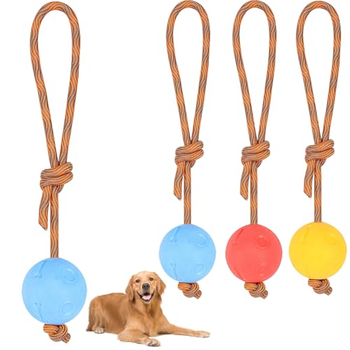 4 Stück Ball mit Schnur Hund, ø 5/30 cm Wurfball am Seil Naturkautschuk, Hundespielzeug Ball mit Seil extrem Weite Würfe, Hundeball Snackball, Hundebälle Kleine Hunde, Große Hunde (Rot Gelb Blau)