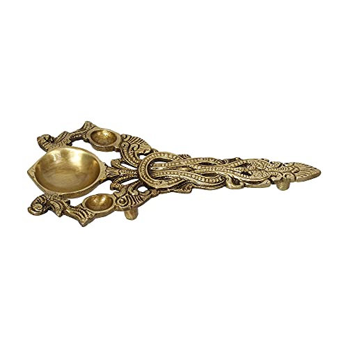 Image of eCraftIndia Golden Ethnic Carved Brass Diya with Handle for Pooja Room and Temples- Diwali Decoration Items for Home Decor- Gift for Diwali Housewarming