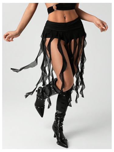 Women's Y2k Ruched Mesh Mini Skirt Low Rise Layered Ruffle Asymmetrical Flowy Party Club Skirts3