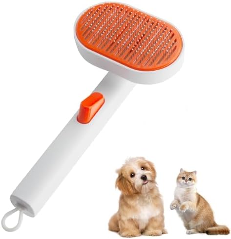 Cepillo para Gatos Peine,Cepillo para Quitar el Pelo de Mascotas con Botón,Cerdas Metálicas 140º y Punta de Goma para Masaje,para Perros/Gatos/Conejos de Pelo Corto y Largo