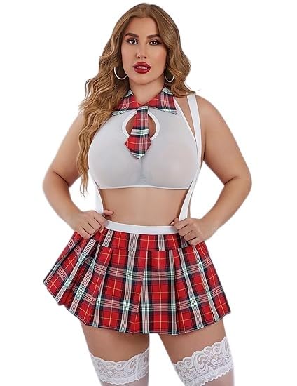 Schoolgirl Lingerie Set, Red Plaid Mini Skirt with Crop Top and Tie, Costume-picture-19