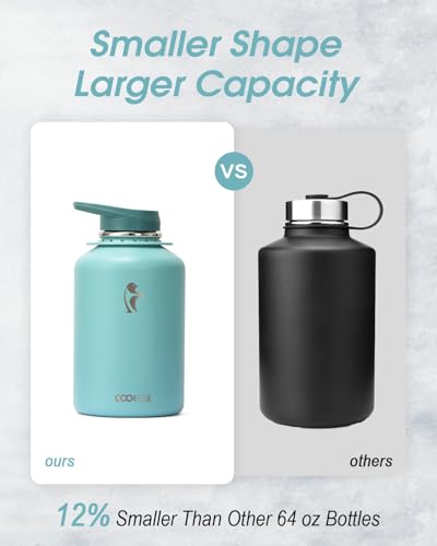 Image of Coolflask Insulated Water Bottle 64 oz with Straw, Half Gallon Large Water Jug with Straw & Spout Lids, Vacuum Stainless Steel Metal Flask, Keep Cold 48h Hot 24h, Leak Proof & Non-BPA, Agate Green