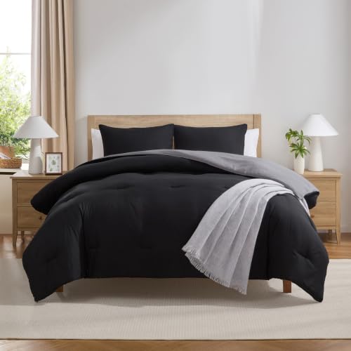 Nestl Full Size 3 Piece Reversible Comforter Set – Black/Charcoal Grey