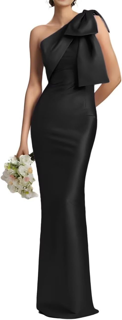 One Shoulder Bow Satin Prom Dresses Gowns for Women Sexy Long Mermaid Bridesmaid Wedding Guests Dress