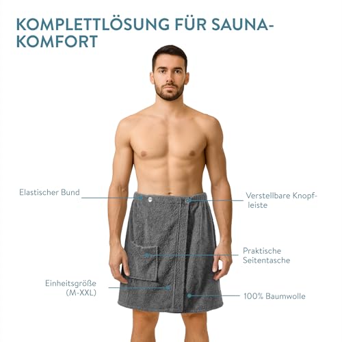 JEMIDI Sauna Frottee Kilt Sarong - M-XXL Herren Männer - Anthrazit - 100% Baumwolle - Saunakilt Saunasarong Saunatuch - Saunahandtuch waschbar bei 40°C