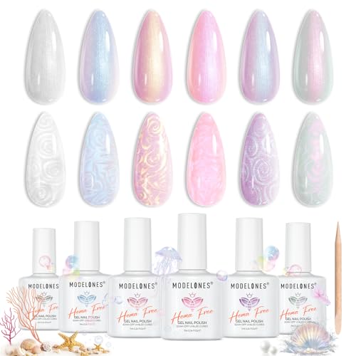 modelones Pearl Gel Nail Polish Set Hema-Free 6 Colors Aurora Iridescent Shimmer White Pink Purple Blue Green Mermaid Glitter Gel Polish LED Swirl Shell Thread Effect with Dotting Pen DIY Gift