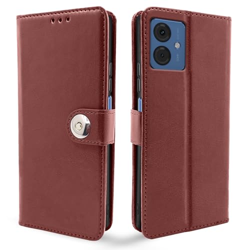 Image of Pikkme Flip Cover Leather Finish | Inside TPU with Card Pockets | Wallet Stand and Shock Proof | Complete Protection Button Flip Case for Moto G14(Brown)