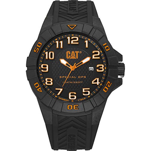 CAT Special OPS 1 Black Orange Men Watch, 45.5 mm case, Black face, Date Display, Carbon Fiber case, Black Silicone Strap, Black/Orange dial (K2.121.21.114)(Black/Orange)