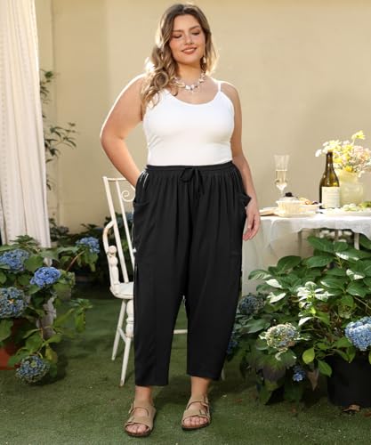 CARCOS Plus Size Pants Womens Summer Palazzo Pants Drawstring Wide Leg Harem Beach Pant with Pockets Vacation Outfits XL-5XL3