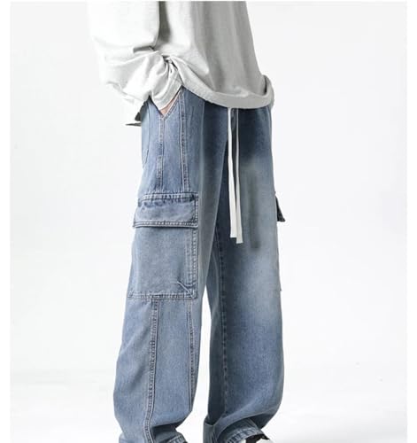 Men’S Workwear Straight Jeans Mid Waist Loose Fit Wide Leg Denim Pants Casual Drawstring Closure Jeans4