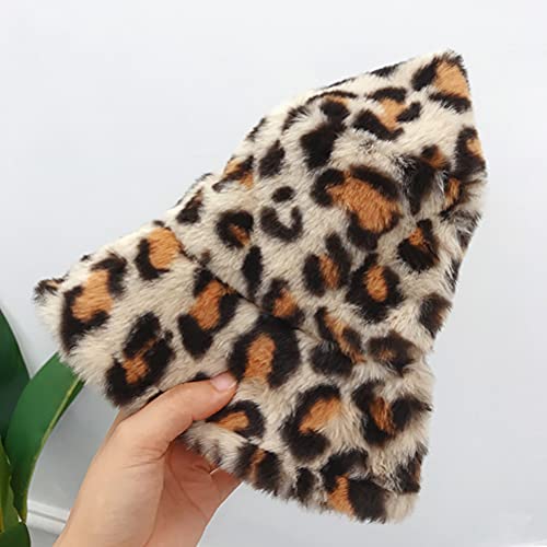 Xyiyi Leopard Beige Furry Bucket Hat Cheetah Fluffy Winter Warm Fisherman Cap Gifts For Women Teen Girls #TOP3