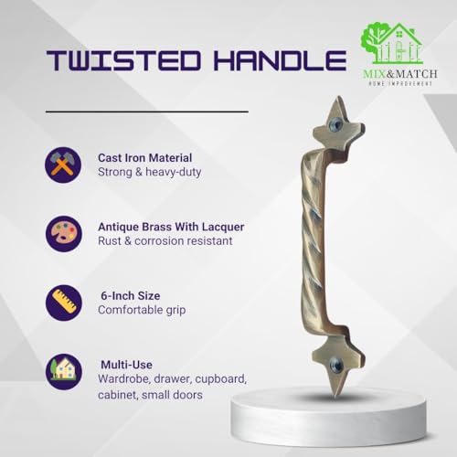 Image of Mix&Match Cast Iron Twisted Handle - 6 Inch Antique Brass Finish | Rope Style Cabinet, Wardrobe, Cupboard & Furniture Door Handle | Pack of 10 Pcs with Screws