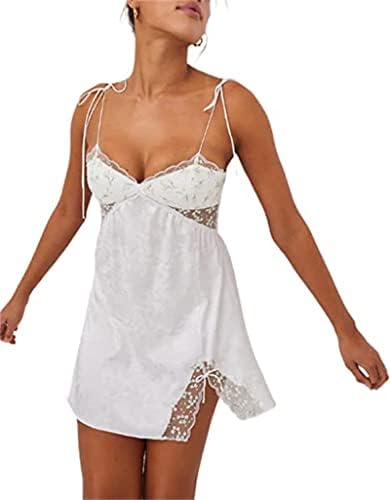Women’s Sexy Mini Sling Dress Knit Lace Trim Spaghetti Strap Dresses Sleeveless Low Cut Dress Y2k Fairycore Clothes (White-G, M)