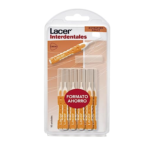 LACER - Cepillo Interdental Recto Extrafino Suave Pack 10 Unidades, Mango Bimaterial y Antideslizante, Cuello Flexible, Máxima Eficacia, Filamentos Tynex, Previene y Elimina Placa Bacteriana