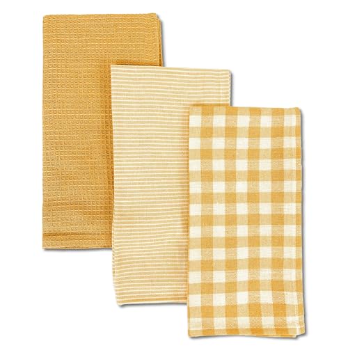 TIENDA EURASIA – Juego de 3 Paños de Cocina, Diseño Liso, de Cuadros y Rayas, Distintos Colores, 50x50x1,5 cm, Multiusos, 100% Algodón, Suave, Resistente y Absorbente (Amarillo)