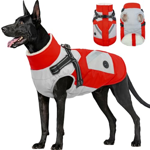 FUAMEY Dog Winter Jackets for Large Dogs,Dog Coat with Harness Built in,Waterproof Dogs Snowsuits Warm Pet Jacket Zip Up Fleece Cold Weather Coats Reflective Puppy Vest with Pocket Red 2XL X