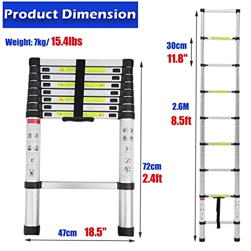 Telescoping Ladder 8.5Ft Aluminum Folding Ladder 330Lbs Max Load Lightweight Portable Diy Ladder For Home, Office, Folded Height 2.36Ft Space Saving Multi-Purpose Straight Extension Ladder #TOP1