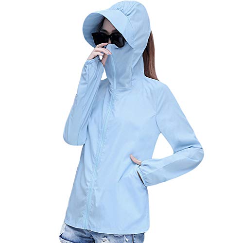 MNSSRN Anti-UV-Sonnenschutzkleidung, Sommer Gesicht Sonnenschutz großer Rand bequemer Breathable kühle Bequeme Zipper Langarm-Jacke,Blau,M