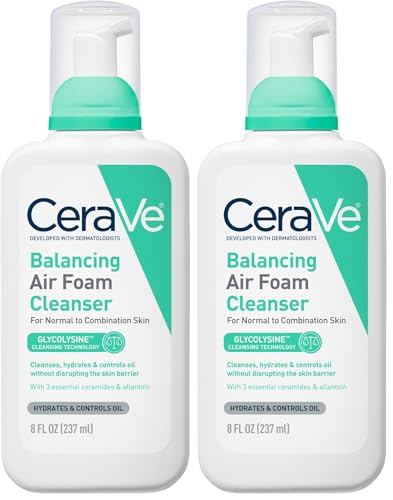 Image of CeraVe Balancing Air Foam Face Wash,Foaming Facial Cleanser Combination Skin,8HR Oil Control,24HR Hydration,Fragrance-Free & Non-Comedogenic,With Glycolysine & 3 Essential Ceramides,8oz,(Pack of 2)