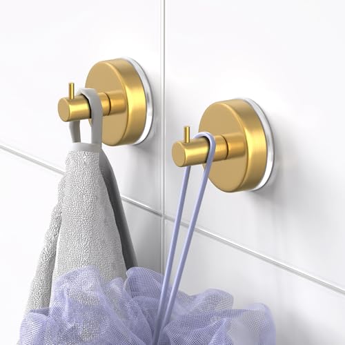 Image of HUFEEOH Shower Suction Hooks for Inside Showers, Gold L-Shape, 4-Pack | Towel Holders for Bathroom Walls, with Separate Hanging Spots on Smooth Glass, Tile, Mirror, Or Marble for Robes And Loofahs