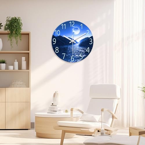 Image of XFM Big Blue Glass Wall Clock Battery Operated 16 Inch Moon Lake | Silent Non-Ticking Modern Nature Analog Decorative for Living Room Kitchen Bedroom Office