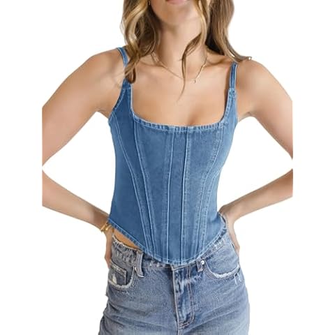 Imily Bela Womens Sleeveless Denim Vest Crop Tank Tops Spaghetti Straps Slim Fit Summer Cami Top, Light Blue, Small Cover