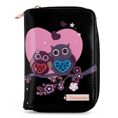 kukubird Ladies Owl Zipper Wallet, Small Purse Faux Leather Wallet for Women with Coin Bag, Multifunction Bifold Wallets, Credit Card Holder Wallet-Black