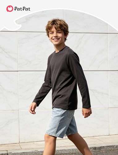 Image of PATPAT Boys Long Sleeve Shirts Cotton Solid Crew Neck Basic Shirts 5-16 Years