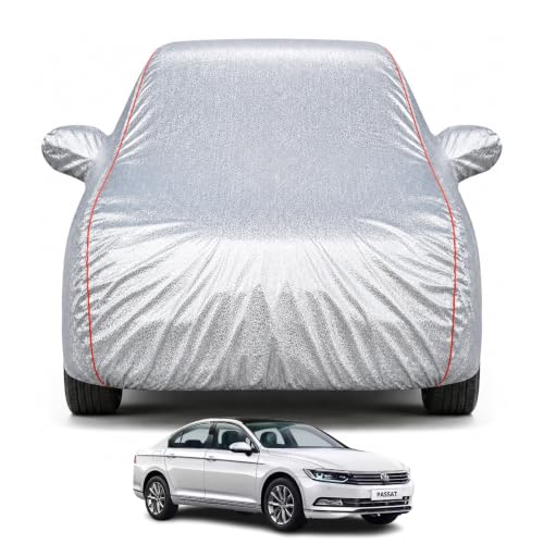 Image of Premium Car Cover for Volkswagen Passat Model | 100% Waterproof, UV & Dust Protection | Mirror & Antenna Pocket | Triple Stitched, Soft Inner Lining, Belt & Buckle (Metalic Silver)