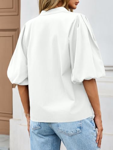 Tankaneo Womens Half Puff Sleeve Button Down Shirts Cotton Loose Fit Tops Summer Dressy Casual Blouses3
