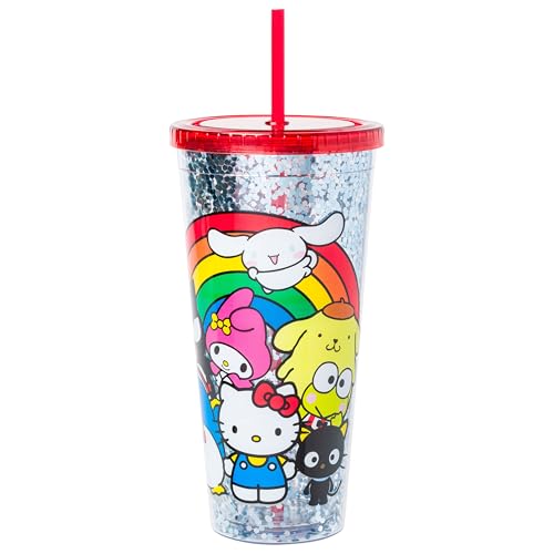 Silver Buffalo Sanrio Hello Kitty and Friends Featuring Cinnamoroll, Badtz-Maru, My Melody, Pompompurin, Tuxedo Sam, and Chococat Rainbow Plastic Confetti Cold Cup with Lid and Straw, 32 Ounces