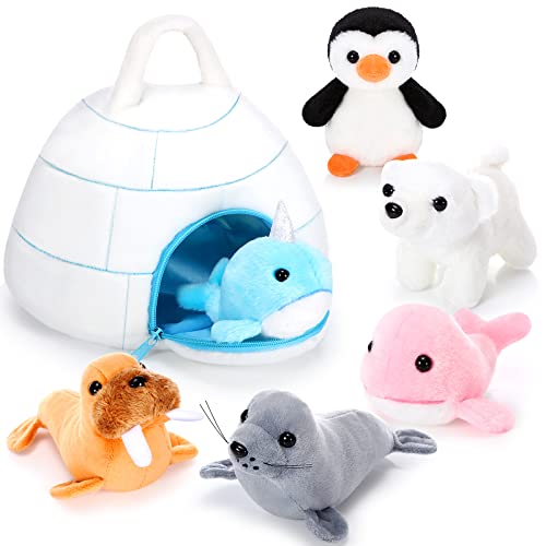Image of Hungdao 7 Pcs Polar Plush Toys Set Stuffed Polar Bear Walrus Penguin Whale Narwhal Seal Polar Stuffed Animals with Igloo Ocean Animal Plushies for Kids Toddlers Birthday Party Gifts