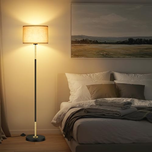 OUTON Lampara de Pie Salon, 3 Temperaturas de Color con 9W E27 Bombilla & Interruptor de Pie, Lámpara de Lectura LED con Pantalla de Lino, Diseño Vintage Moderno para Dormitorio y Oficina (Negro Oro) - imagen 8