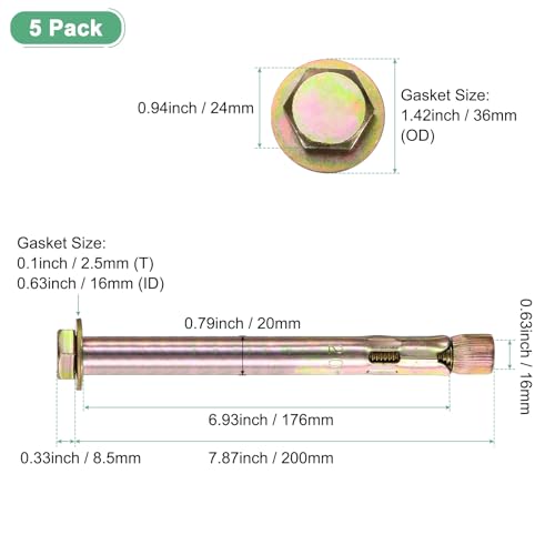 Image of M METERXITY 5-Pack Hex Expansion Bolt, M16x200mm Colored Galvanized Iron-Carbon Steel External Hex Expansion Bolts, Anti-Corrosion Metal Bolt for Concrete /Dry Brick /Block Walls