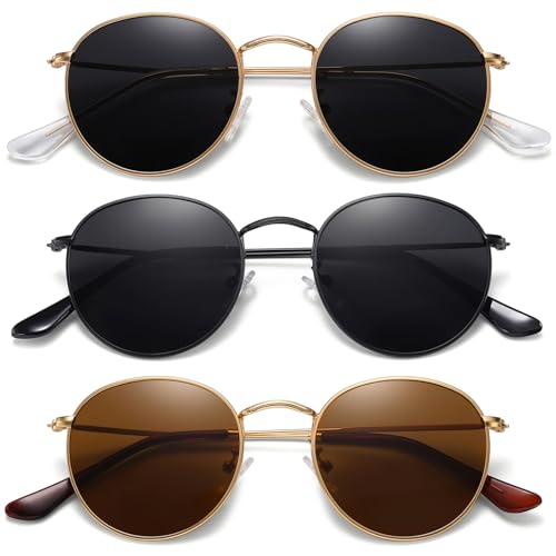 MEETSUN Small Round Polarized Sunglasses for Women Men Classic Retro Metal Frame UV Protection Gold Grey Brown All Black