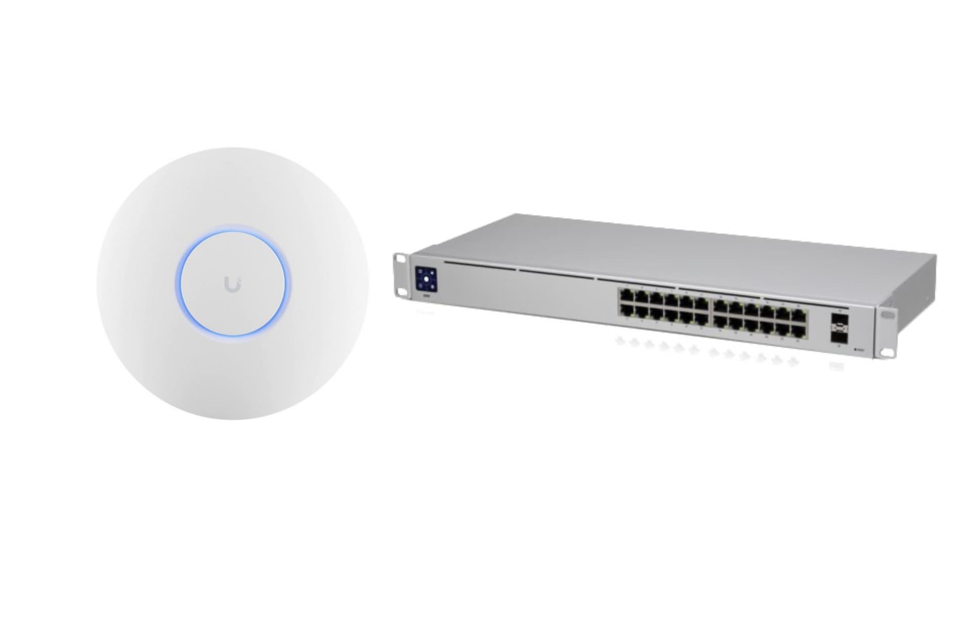 Pack Ubiquiti U6+ + UniFi Switch 24 - Punto de acceso WiFi 6 (1500 ft², 2x2 MIMO, 300+ clientes) + Switch 24 puertos Gigabit L2 con pantalla táctil de 1.3", 2X SFP, Rack 1U