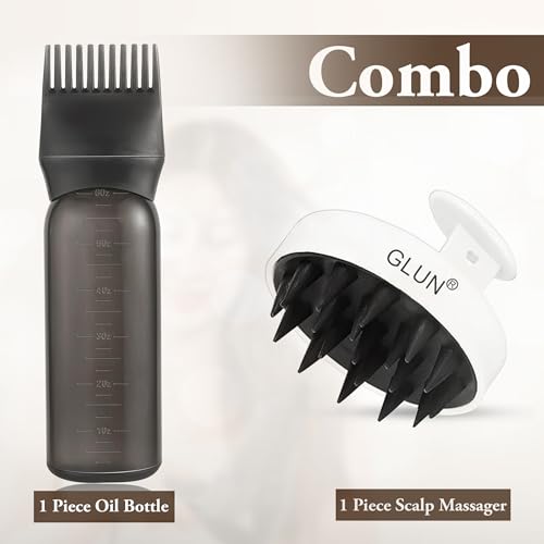 Image of GLUN Scalp Massager & Dye Comb Bottle Combo, White Anti-dandruff Soft Silicone Bristle & Purple 120ML Hair Dye Applicator Bottle with Hair Oil & Hair Colouring Bottle for Salon Use