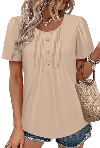 Image of Womens Tops Dressy Casual Blouses Short Sleeve Shirts Plus Size Fashion Clothing Spring Summer Outfits Button Pleated Front