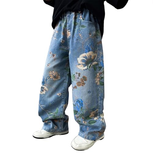 Boys Baggy Flower Printed Jeans Elastic Waist Casual Straight Wide Leg Pull On Hip Hop Denim Pants Streetwear