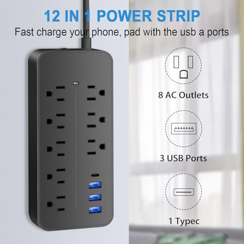 Extensión eléctrica Romatico Black-08 con protector de sobretensión, 12 tomas y 4 puertos USB, cable trenzado de 1.22 m con enchufe plano miniatura 6