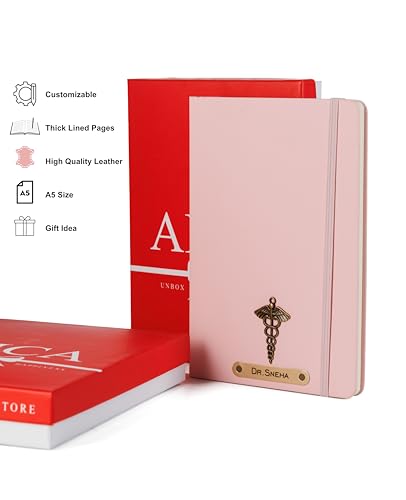 Image of AICA Personalized Name & Charm Doctor Leather Notebook Diary - A5 Size, 180 Ruled Pages (Baby Pink) | Customized Gift for Doctors Retirement Farewell Appraisal Birthday For Men Women Girls Boys