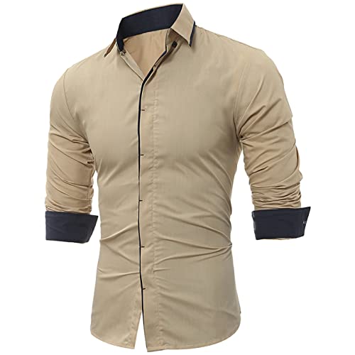 Men's Business Long Sleeve Dress Shirt Stylish Slim Fit Button Up Shirts Solid Lightweight Turn-Down Collar Shirt (Khaki,3X-Large)
