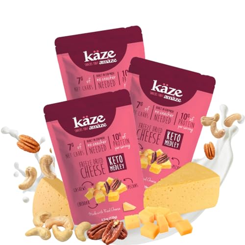 Kaze Keto Freeze Dried, Made with100% Real Cheese - Gluten Free, Low Carb, Party Snacks, Cheese Crisps, 4.5 oz (Pack of 03, Cheddar, Cashew and Pecan)