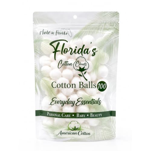 Cotton Balls, American Purified Cotton, Made in USA, Florida's Cotton Clouds, 100 Count Bag, Manufactured in Miami, Florida, Soft & Absorbent for Beauty, Baby Care & First Aid