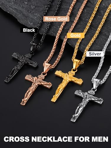 U7 Crucifix Cross Necklace Stainless Steel Crucifix Necklace Cross Pendant for Men with Rope Chain 24"(Silver)