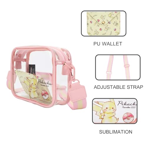 Pokemon Clear Purse for Women - Pikachu Handbag Bundle with Cute Pikachu Crossbody Bag for Teens Plus Water Bottle | Pokemon Transparent Purse for Stadiums Set3